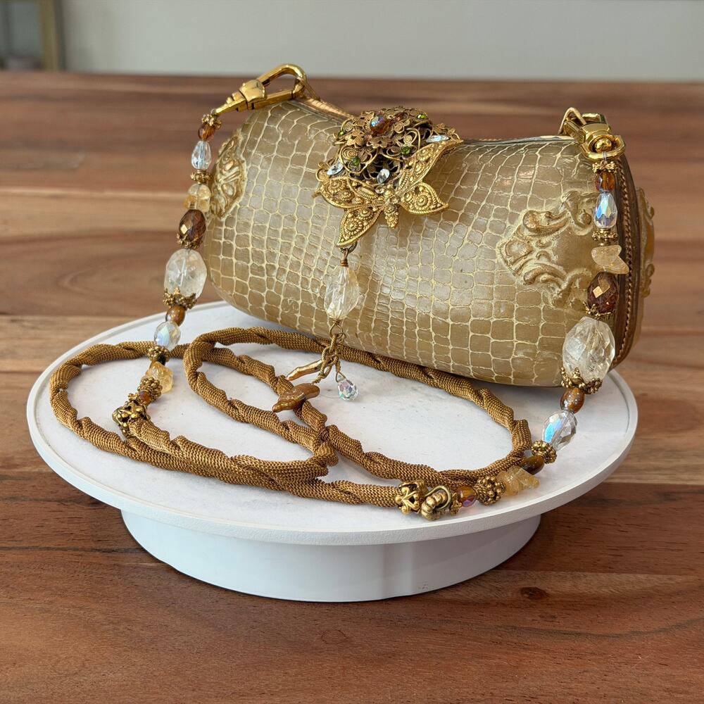 MAYA VINTAGE Evangelista Translucent Gold Resin Crocodile Embossed Beaded Clutch